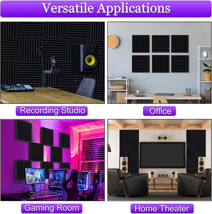 TroyStudio Thick Acoustic Foam Panels, 12 X 12 X 2 Inches 12 Pcs Wedge Sound Absorbing Foam, Dense Soundproof Padding Tile, Recording Studio Foam Absorber, Decorative 3D Wall Ceiling Panel