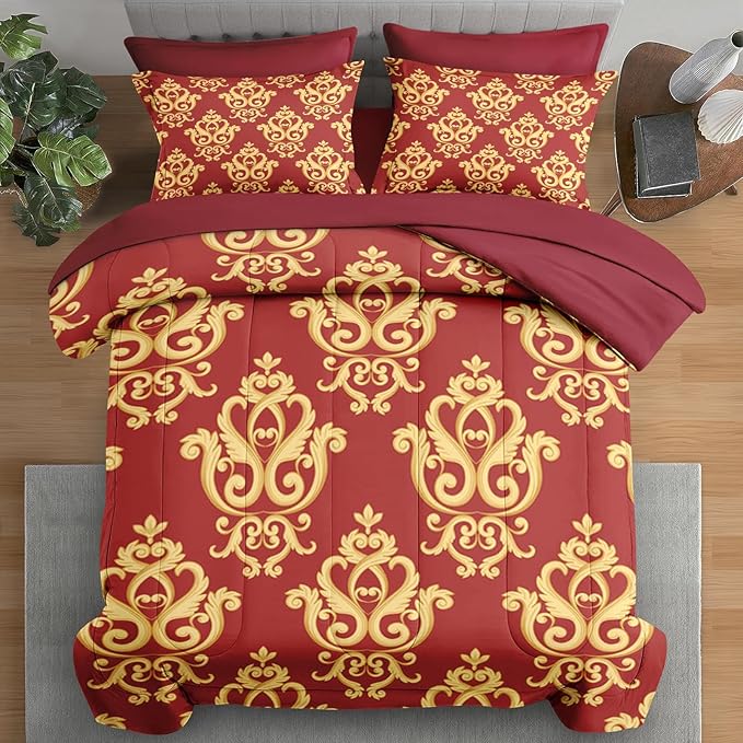 Comforter Set Queen Size, Vintage Floral Gold 7 Pcs Bedding for Kids and Adults, Medieval Burgundy Red Bed Sheet Sets with Fitted Sheet 2 Pillowcase & 2 Sham for Bedroom Bed Decor