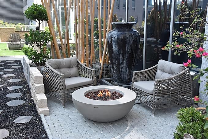 Elementi Lunar Bowl Fire Pit Bundle Outdoor Firepit Set Includes 42” Propane Concrete Firepit, Glass Windscreen, Stainless Steel Cover, Tank and Canvas Cover, Floor Mat, Ice Bucket