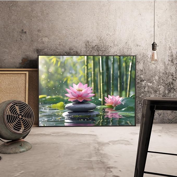 Ethereal pink lotus on obsidian Sunlit bamboo forest with sparkling water drops Poetic nature inspired wall art for tranquil homes and mindful spaces 12x18in Metal blackFramed