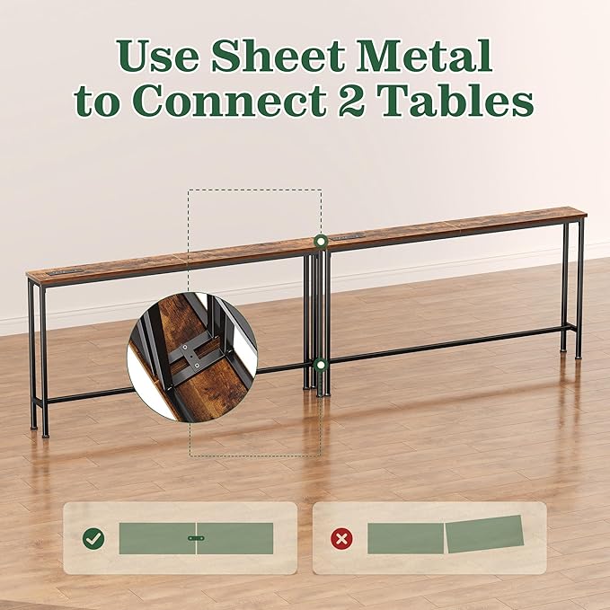 SUPERJARE 110.2 Inch Sofa Table with Power Outlets and USB-C Ports, 5.9 Inch Narrow Console Tables, Entryway Hallway Couch Tables with Storage, Behind Sofa, Small Spaces, Living Room, Rustic Brown