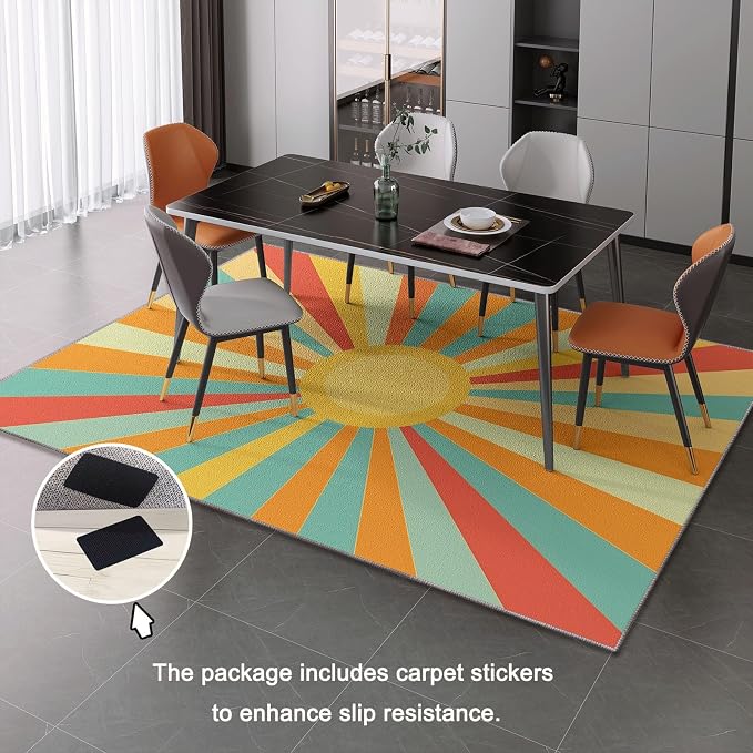 4x6 Washable Area Rug, Colorful Retro Sunburst Stripes Design Non Slip Non-Shedding Rug Easy Care for Living Room Bedroom Kitchen Office Carpet