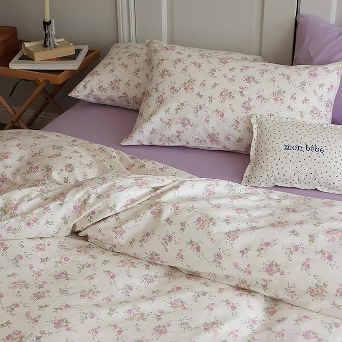 Vintage Floral Comforter Set King 3 Pieces Boho Floral Bedding Comforter Fluffy Soft Botanical Flowers Comforter with 2 Pillowcases Cottagecore Bedding Set Pink Purple Flowers King Comforter Set