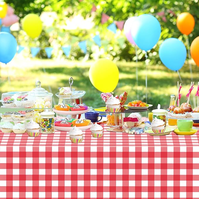 WNINK 4 Pack Red Gingham Tablecloth Rectangular Red and White Checkered Tablecloths Disposable Plastic Red Plaid Table Cover for Parties, Christmas, Outdoor Picnic, Birthday, Wedding, Camping 54 × 108