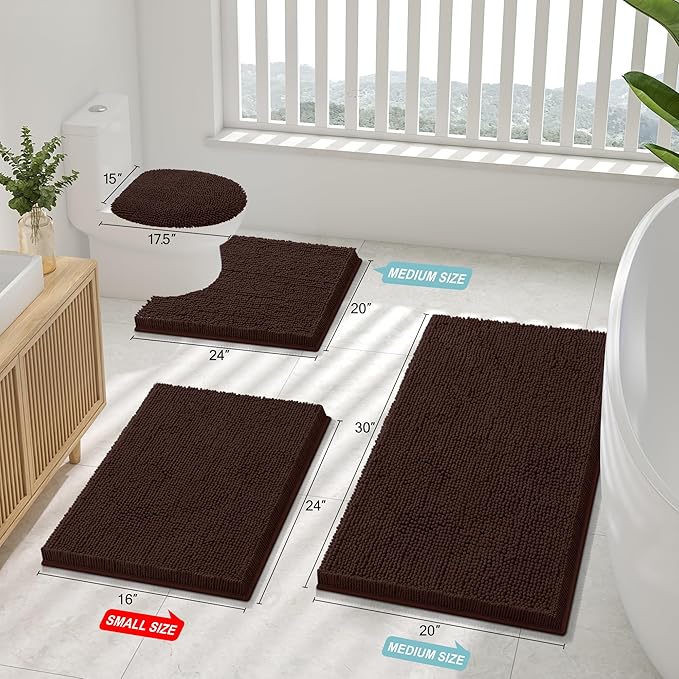 Smiry Luxury Chenille Toilet Rugs U-Shaped 24x20, Soft Absorbent Non-Slip Contour Bathroom Rugs for Toilet, Machine Washable Contoured Bath Mats, Brown