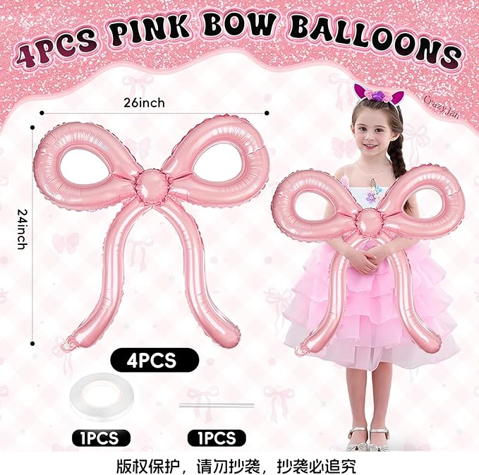 4 Pcs Pink Bow Balloons Bow Birthday Decorations for Girls Women Bow Theme Birthday Party Decorations for Bridal Shower Baby Shower Engagement Bachelorette Party Decorations 26 x 24 Inch