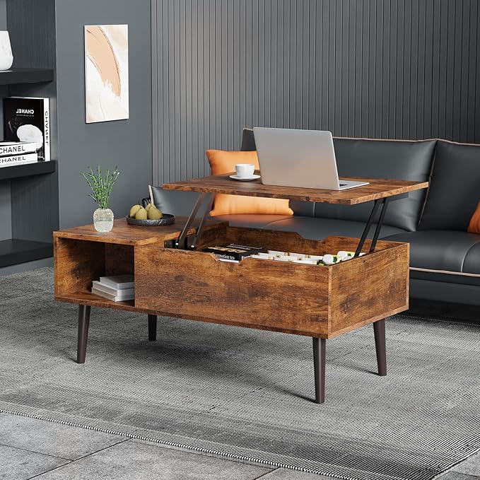 Sweetcrispy Lift Top Coffee Tables for Living Room, Small Rising Wooden Center Tables with Storage Shelf and Hidden Compartment, Brown | Lift Top, Coffee Tables, for Living Room, Rising, Dining Center Tables, with Storage Shelf