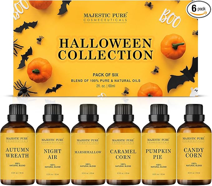 MAJESTIC PURE Essential Oil Blends Gift Set, 100% Pure & Natural Halloween Collection - Autumn Wreath, Pumpkin Pie, Candy Corn, Marshmallow, Night Air, Caramel Corn - 2 Fl oz