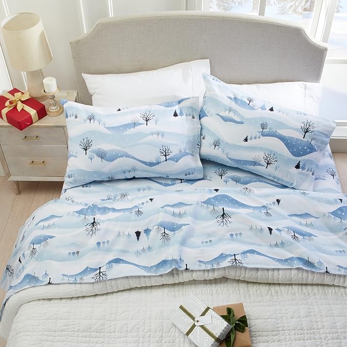 Market & Place 100% Cotton King Flannel Sheet Set | 4 Piece Deep Pocket Novelty Cozy Winter Bed Sheets | Double Brushed for Extra Softness & Comfort | Alpine Collection (King, Winter Landscape)