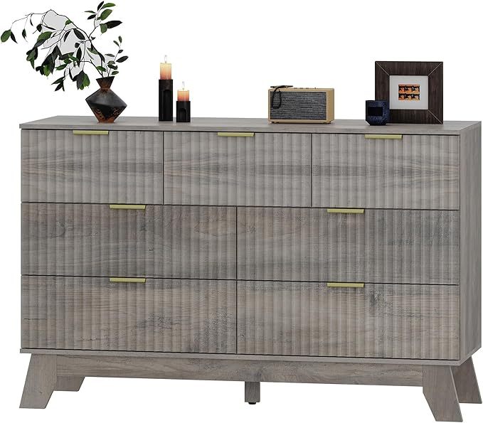 HUANLEGO Fluted Dresser for Bedroom with 7 Drawer, Mid Century Modern Chest of Drawers, 48" Wide Natural Wood Dresser for Closet, Wooden Boho Chest Closet Storage TV Stand for Bedroom, Grey