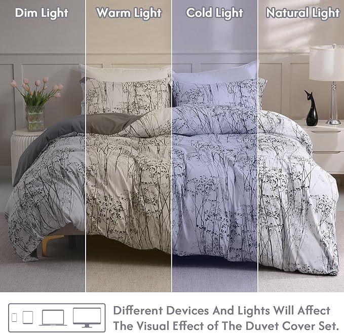 LONAVA Queen Botaincal 3 Pcs Duvet Cover Set, Breathable Soft Microfiber Deep Grey Lining Comforter Cover with Zipper Closure, and 2 Anti-Pilling, Fade Resistant Pillowcases, Winter Forest