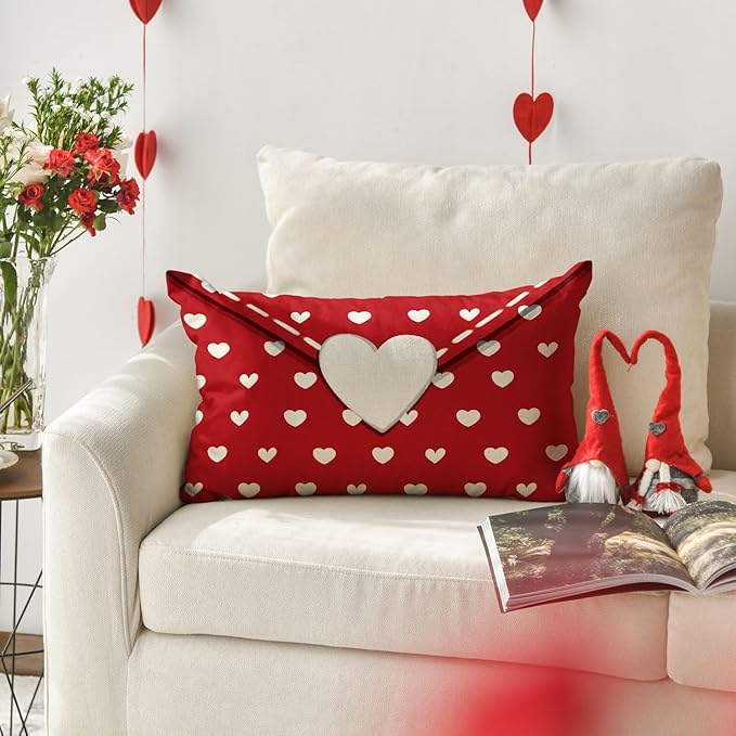 AVOIN colorlife Valentine's Day Envelope Throw Pillow Cover, 12 x 20 Inch White Heart Red Anniversary Wedding Cushion Case Decoration for Sofa Couch Set of 2