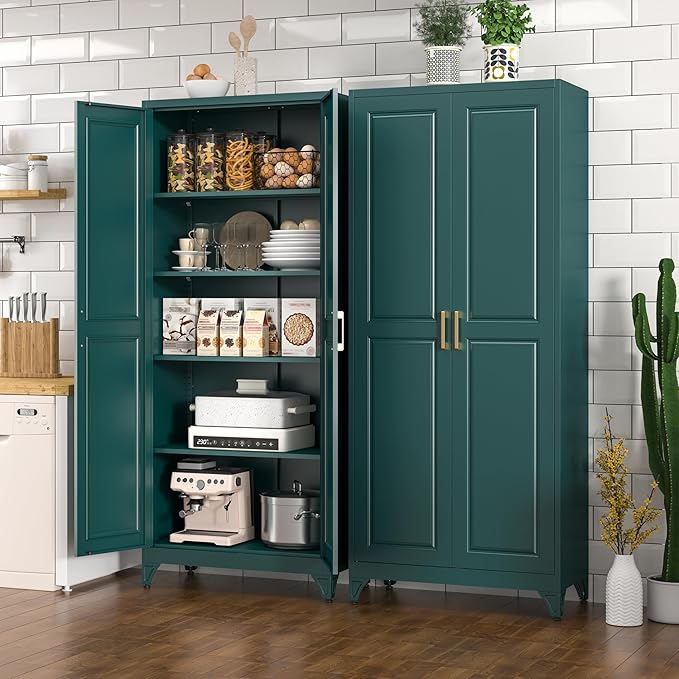 Metal Storage Cabinet,75" Tall Kitchen Pantry Storage Cabinet with Doors and Adjustable Shelves, Green Metal Pantry Cabinets, Large Cupboard for Kitchen, Dining Living Room, Bathroom, Office