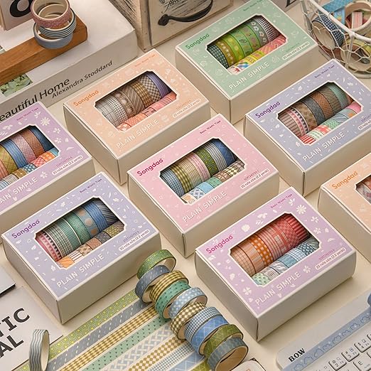 Songdao 20 Rolls Basic Washi Tape Set Japanese Arts Adhesive Tapes Simple Patterns Decorative Masking Tape Sets for Craft, Kids, Scrapbook, DIY, Gift Wrapping (Style Two)