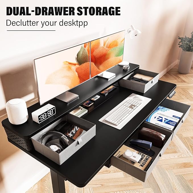 Electric Standing Desk with 4 Drawers 40''x 24'' Small Adjustable Height Sit to Stand Up Desk with Storage Shelf, C-Clamp Mount Compatible Black Home Office Desks Computer Desk Ergonomic Workstation