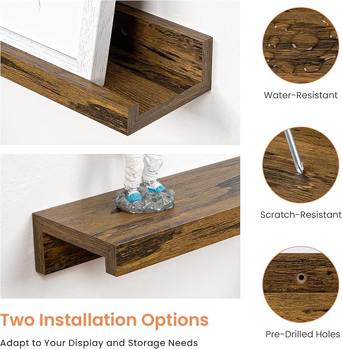 RICHFOCUS Picture Ledge Shelf, 40 inch Floating Shelves Set of 2, Wood Wall Shelves with Lip, Wall Decor Storage for Bedroom Living Room Bathroom Kitchen Nursery Photo Picture, Rustic Brown