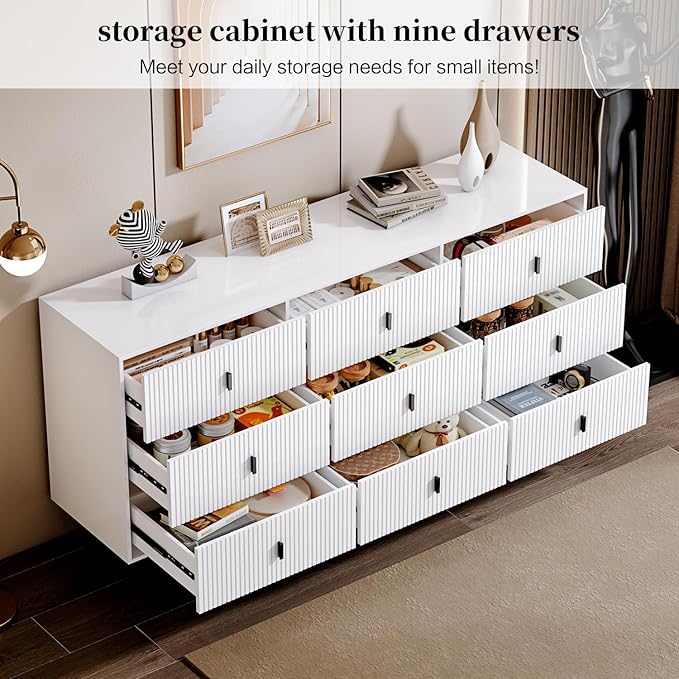 Chrangmay Modern Chest of Drawers with 9 Drawers,Deep Drawers,Clothes Organizer,Large Storage Cabinet for Living Room, Bedroom,Hallway,with Anti-Tipping Device, White