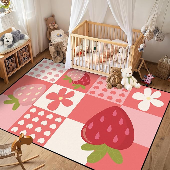 Strawberry Checkered Rug Cute Red Area Rug Love Flower Washable Carpet for Entryway Bedroom Living Room Kitchen Nursery Home Decor Soft Non Slip Floor Mat，3'x5'