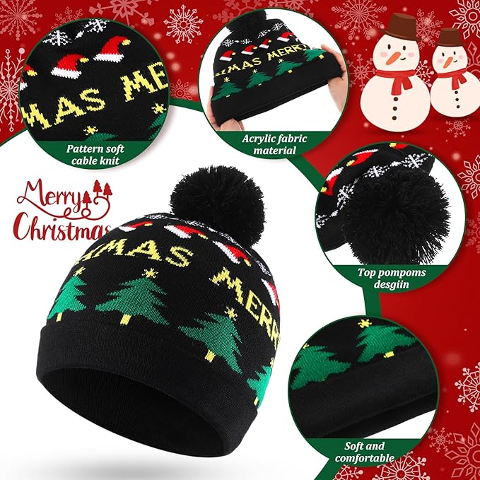 Vicenpal 6 Pcs Christmas Knitted Hat Xmas Beanie Hat Bulk Crochet Knit Cap Set Printed Wool Bulk