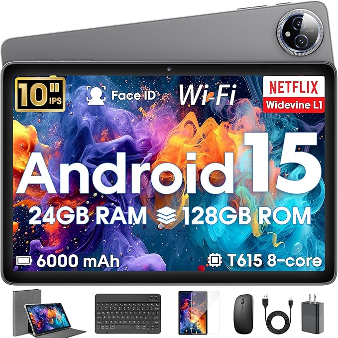 Android 15 Tablet 10 inch,24GB RAM 128 ROM,Tablets with Keyboard Case Mouse Stylus,1TB Expandable,Octa-Core 6000mAh 1280x800 IPS HD,5G WiFi,T615 CPU,High Performance,Processor,Dual Camera(Gray)