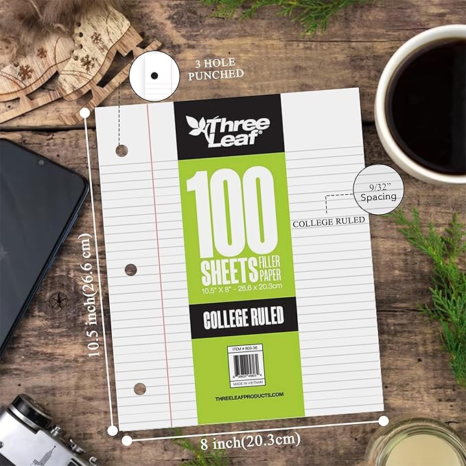 THREE LEAF 100 SHEETS COLLEGE RULED FILLER PAPER, PACK OF 6, LOOSE-LEAF SHEETS FOR SCHOOL AND OFFICE 100 CT. FILLER PAPER, NOTEBOOK PAPER
