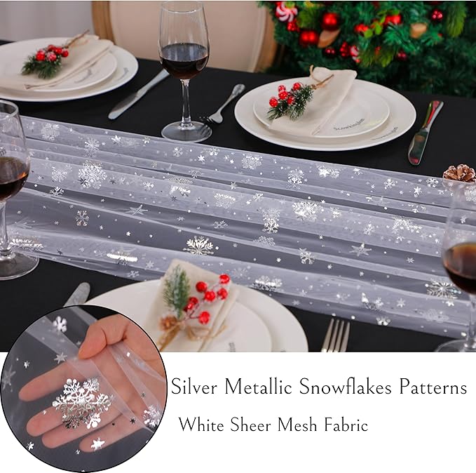 Snowkingdom Silver White Snowflake Table Runner 10 FT Christmas Sheer Chiffon Gauze Cheesecloth Runner, 120 Inch Winter Sparkly Sequin Party Dining Table Decorations for Christmas Holiday New Year