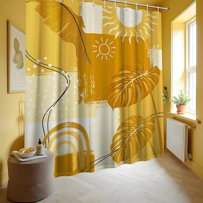 Extra Tall Shower Curtain XL Mustard Yellow Abstract, 70 x 84 Inchs | for Extra Long 84 Inchs Shower, Mid Century Modern Bohemian, Large Bathroom Decor Sets Waterproof Cloth Fabric, with Hooks