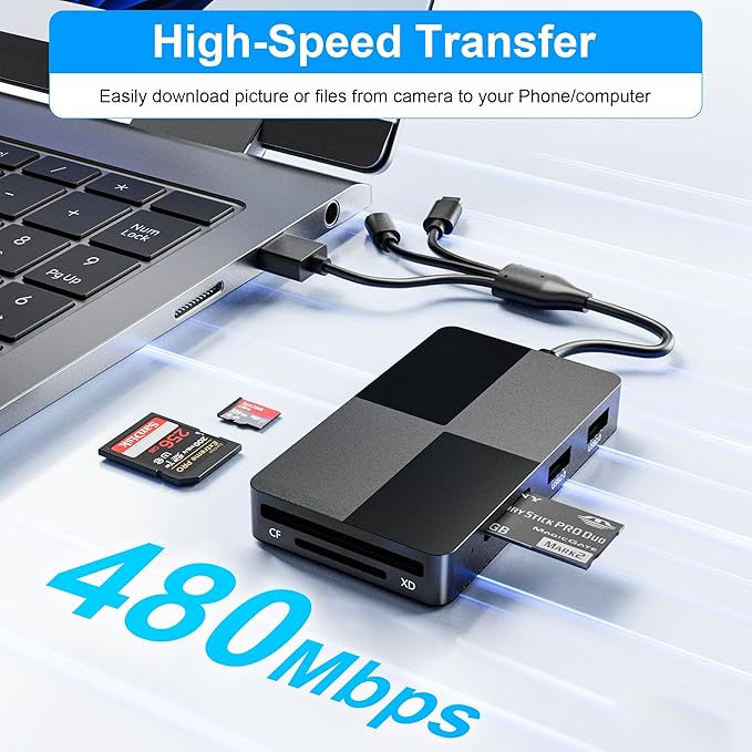 Memory Stick Pro Duo Adapter Reader - 8 in 1 XD/MS/TF/CF/SD Card Reader for iPhone/PC/Android/Lightning Device, Multi Memory Card Reader with 3 USB 2.0 Ports, USB C OTG Adapter XD Picture Card
