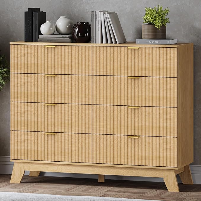 BORNOON Fluted 8 Drawer Tall Dresser, 47.2" Wide Modern Boho Chest of Drawers, Wooden Storage Dresser TV Stand for Bedroom, Living Room, Closet, Hallway, Curved Profile Design