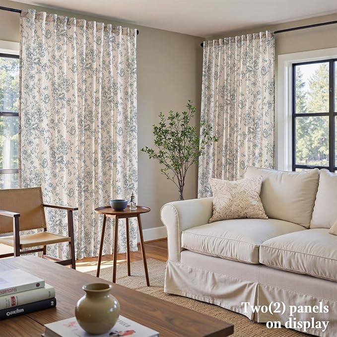 jinchan Linen Floral Curtains Extra Wide for Patio Sliding Glass Door Room Divider Curtain for Living Room 90 Inch Length Farmhouse Peony Blue Printed Curtain Set 1 Panel