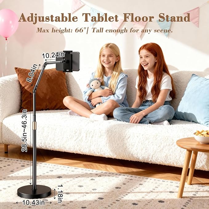 iBooMas iPad Stand,Tablet Floor Stand with Wireless Remote, Full-Angle Adjustable Overhead Phone Mount for Bed, 66" Tall Metal Stand with Heavy Base for iPad iPhone Kindle 4.7-12.9 Inch
