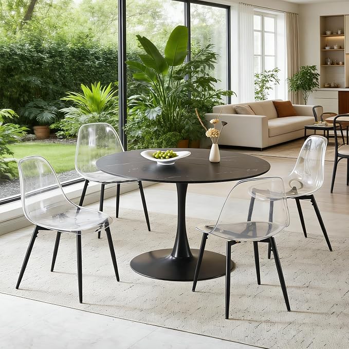 42" Tulip Table for 4-6 Persons Modern Round Dining Table, Mid-Century Modern Black Marble Small Kitchen Table with MDF Wooden Top, Leisure Coffee Table for Living Room, Dining Room, Office