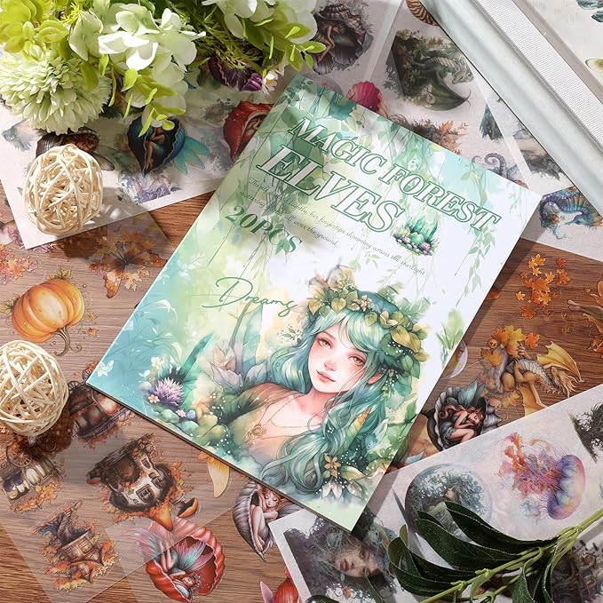 Auguro Scrapbook Fantasy Stickers 20 Sheets 240 Pre-Cut Washi Stickers for Journaling PET Transparent Fairy Sticker Decorative or DIY Paper Crafts, Arts and Crafting Projects
