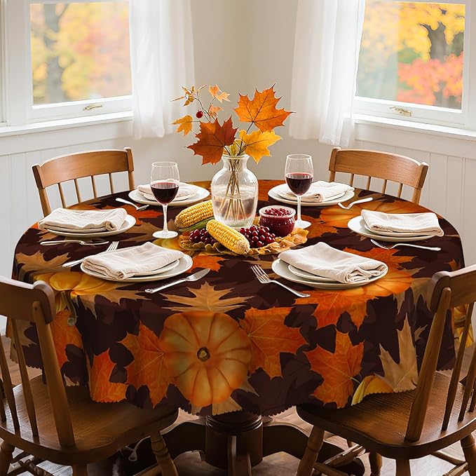 Eikione 60In Round Tablecloth, Pumpkin Table Cloth, Black Checkered Tablecloth Pumpkin Thanksgiving Day Tablecovers