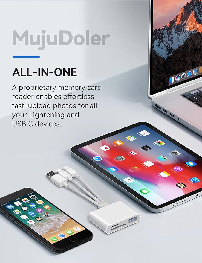 SD Card Reader for iPhone iPad Laptop 3-in-1 Connectors Memory Card Adapter with Dual Slots & USB Port Trail Game Camera Viewer for iPhone Mac MacBook Android Laptop White