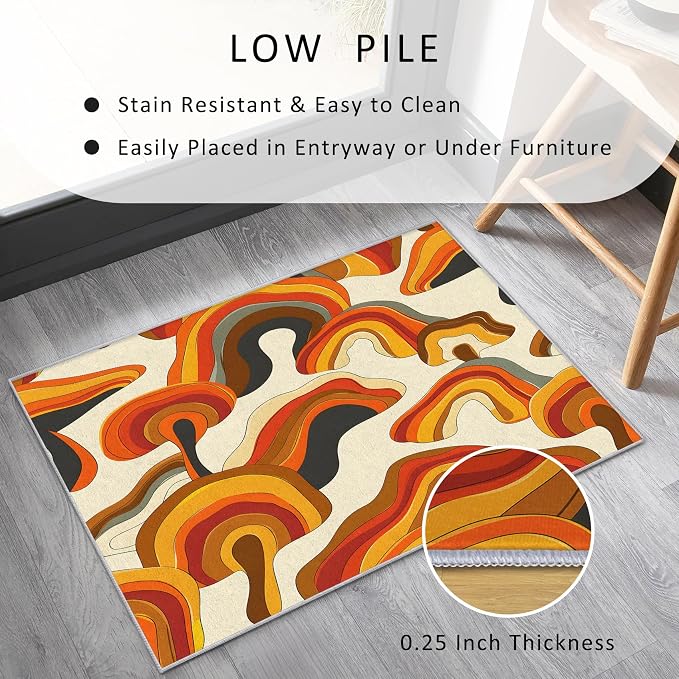 70s Retro Rug Square 8x8 Psychedelic Funky 1970s Abstract Pattern Area Rugs for Living Room, Bedroom, 70s Retro Home Decor Accessories Indoor Carpet, Non Slip & Machine Washable, GD0342