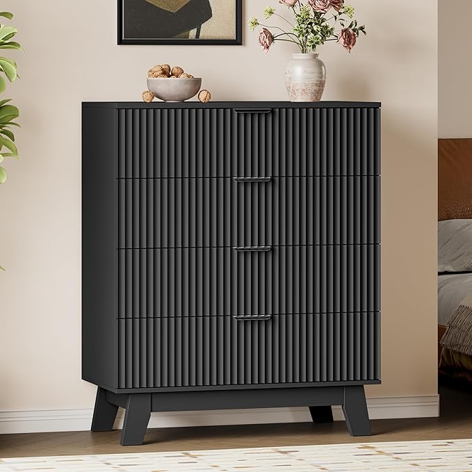 BORNOON 39" Tall Dresser for Bedroom, 4-Drawer Fluted Chest of Drawers, Modern Wood Highboy with Deep Storage, Metal Slides & Handles, Anti-Tip Kit, Vertical Clothes Organizer for Apartment, Nursery