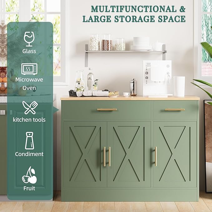 Shintenchi Modern Farmhouse Sideboard Buffet Cabinet with Storage with 3 Doors,42" Barn Doors Buffet Cabinet with Storage, Wood Coffee Bar Cabinets with Adjustable Shelf for Kitchen Living Room,Green