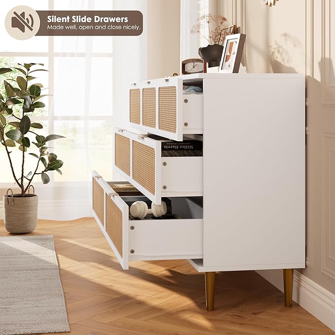 Garvee Rattan Dresser with 8 Drawers, Tall Modern Closet with Deep Storage, Large Chest of Drawers with Wide Top, Long Wooden Dresser for Bedroom, Living Room, Hallway, Kids Room, White