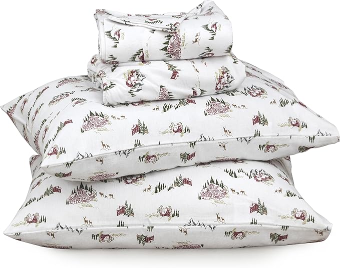 RUVANTI Flannel Sheets Twin XL Size - 100% Cotton Double Brushed Twin XL Sheet Sets, Deep Pockets 16 Inches, All Seasons Breathable & Extra Soft Bed Sheets, Warm & Cozy, 3 Piece, Hilly Huts