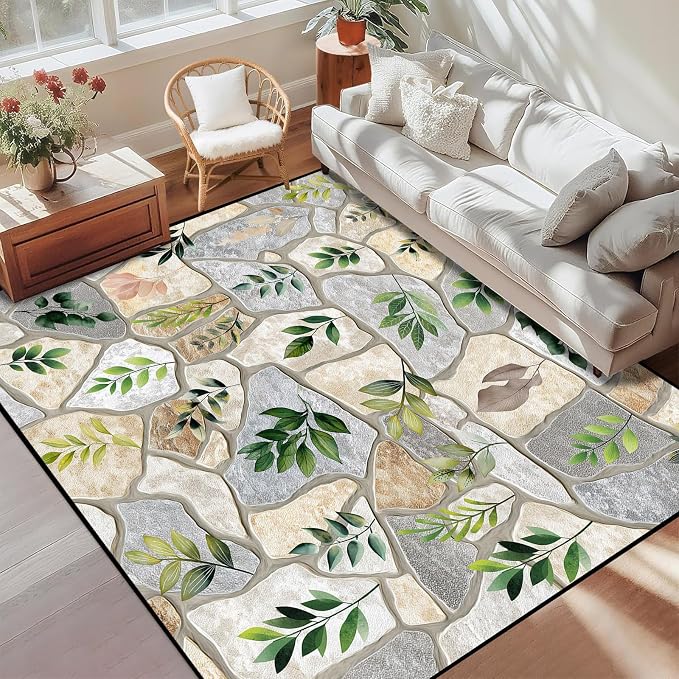 4'x6' Optical Illusion Rug 3D Stone Floor Mat Green Leaf Botanical Area Rug Rustic Nature Washable Carpet for Bedroom Living Room Kitchen Nursery Playroom Home Decor