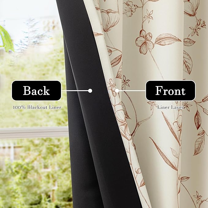 ChrisDowa Beige 100% Blackout Floral Curtains 63 Inches Long 2 Panels for Bedroom Living Room Brown Flower Patterned Room Darkening Thermal Insulated Soundproof Grommet Window Treatments Drapes,52X63