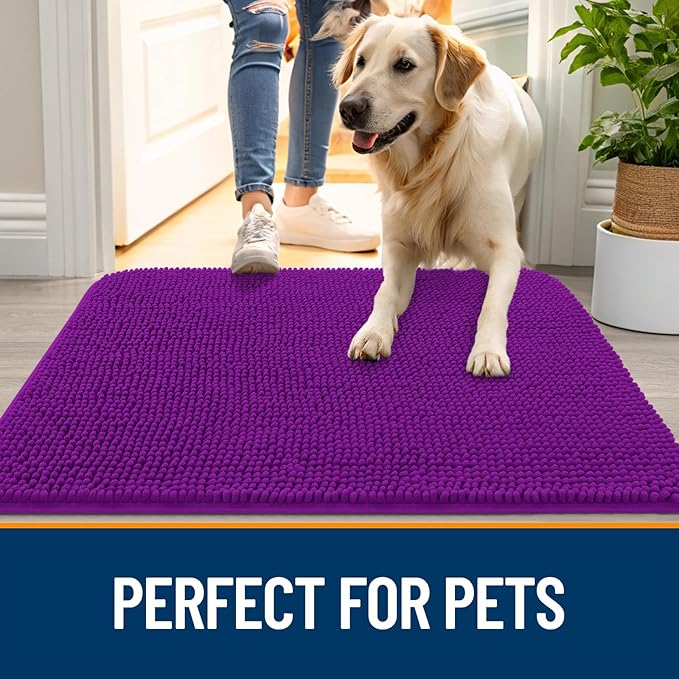OLANLY Dog Door Mat for Muddy Paws 59x32, Absorbs Moisture and Dirt, Absorbent Non-Slip Washable Doormat, Quick Dry Chenille Mud Mat for Dogs, Entry Indoor Entryway Carpet for Inside Floor, Purple