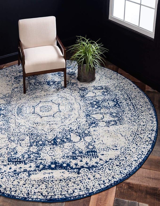Unique Loom Bromley Collection Area Rug - Wells (8' Round, Ivory and Blue/ Ivory)