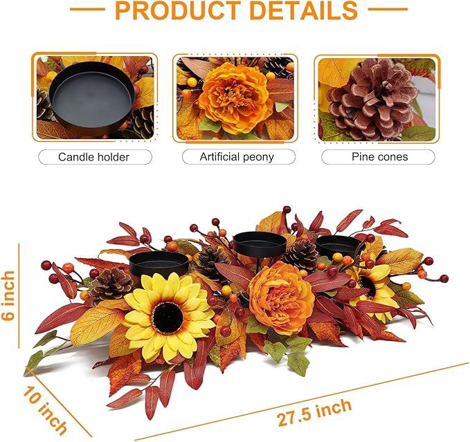 Thanksgiving Centerpiece Fall Table Decorations, Artificial Sunflowers, Peony, Berries, Pine Cones and Autumn Leaves Harvest Table Candelabrum for Fireplace Mantel (Candle Not Included)
