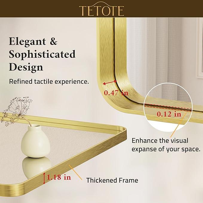 TETOTE 36 x 36 Inch Gold Mirror for Bathroom, Brushed Brass Wall Mirrors Metal Frame Square Modern Shatterproof Decorative Vanity Mirror for Living Room Entryway