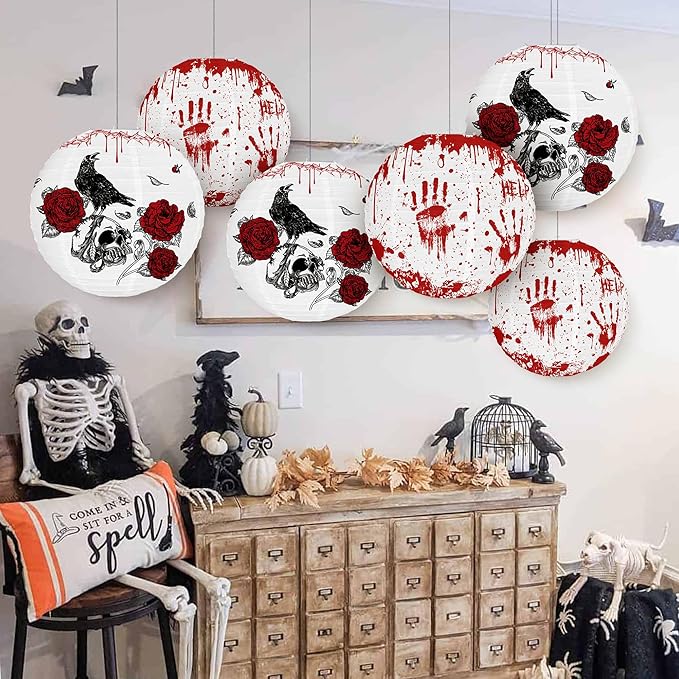 6PCS Hanging Halloween Party Decorations with Lantern, Crow, Skull, Blood Print Pattern, Indoor and Outdoor Horror Home Decoration -12 inches