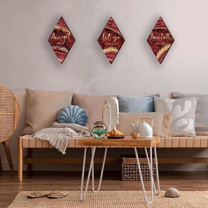 ONIZHITY 3 Pcs Red Gold Bathroom Decor Red Gold Wall Decor with Accept Let Go Have Faith Quote Rustic Vintage Farmhouse Wooden Hanging Signs for Home Living Room Bedroom Office(12x7 Inches)