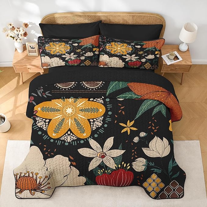Quilt Set Full/Queen Size, Black Tropical Floral 3 Pcs Soft Bed Cover Bedding Set, Farmhouse Botanical Lightweight Bedspread Coverlet with 2 Pillow Sham for All Season