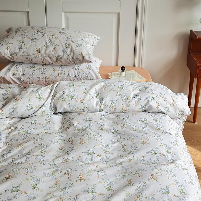 LifeTB Vintage Floral Duvet Cover Set Queen 100% Cotton Girls Garden Style Blossom Flower Comforter Cover Botanical Cottagecore Style Duvet Cover with 2 Pillowcases Farmhouse Bedding Set